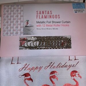 NWT white shower curtain with red Flamingo’s